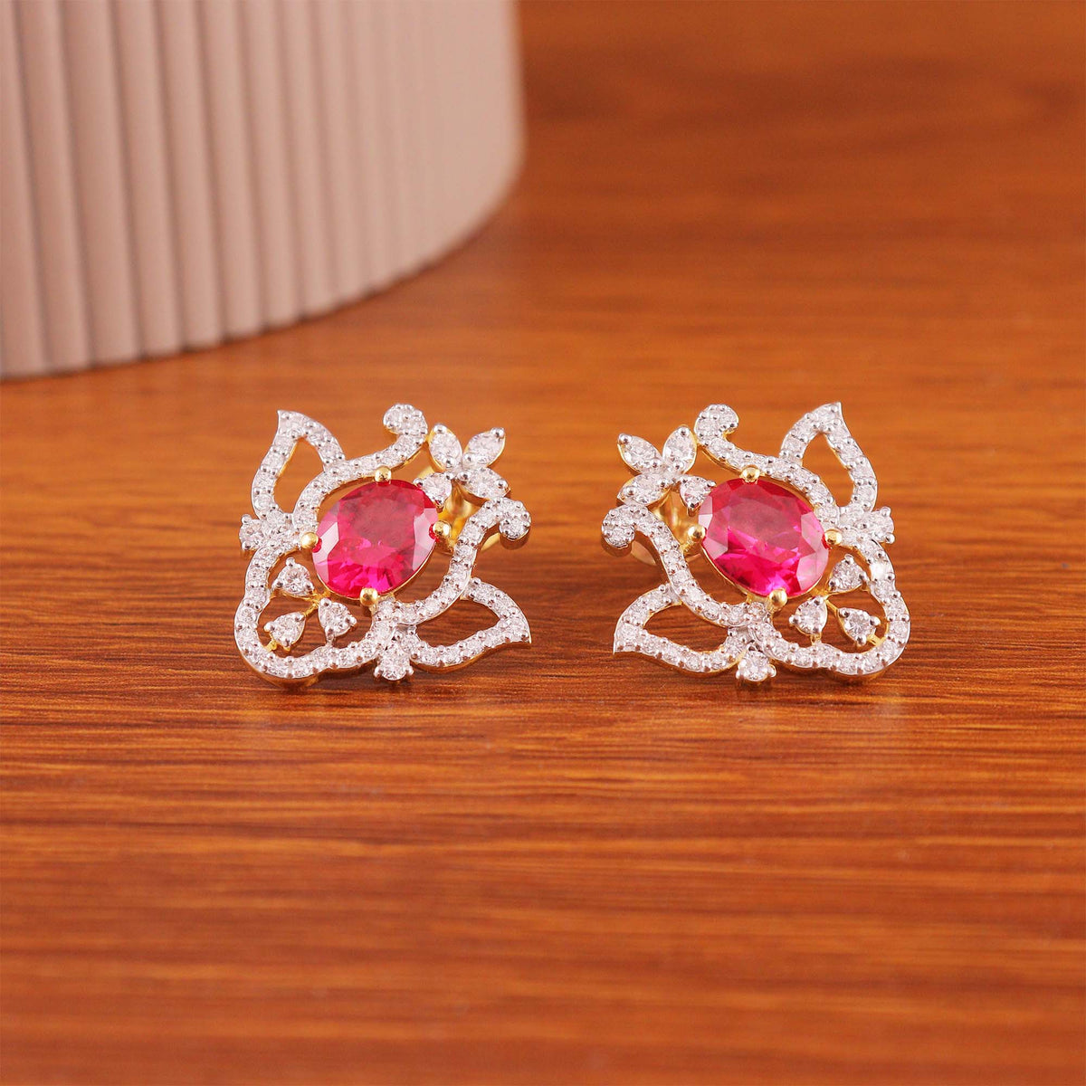 Crimson Bloom Diamond Stud Earrings