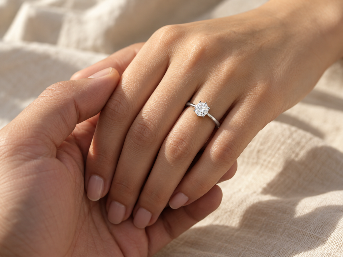 A hand wearing a silver solitaire lab-grown diamond ring, held gently by another hand