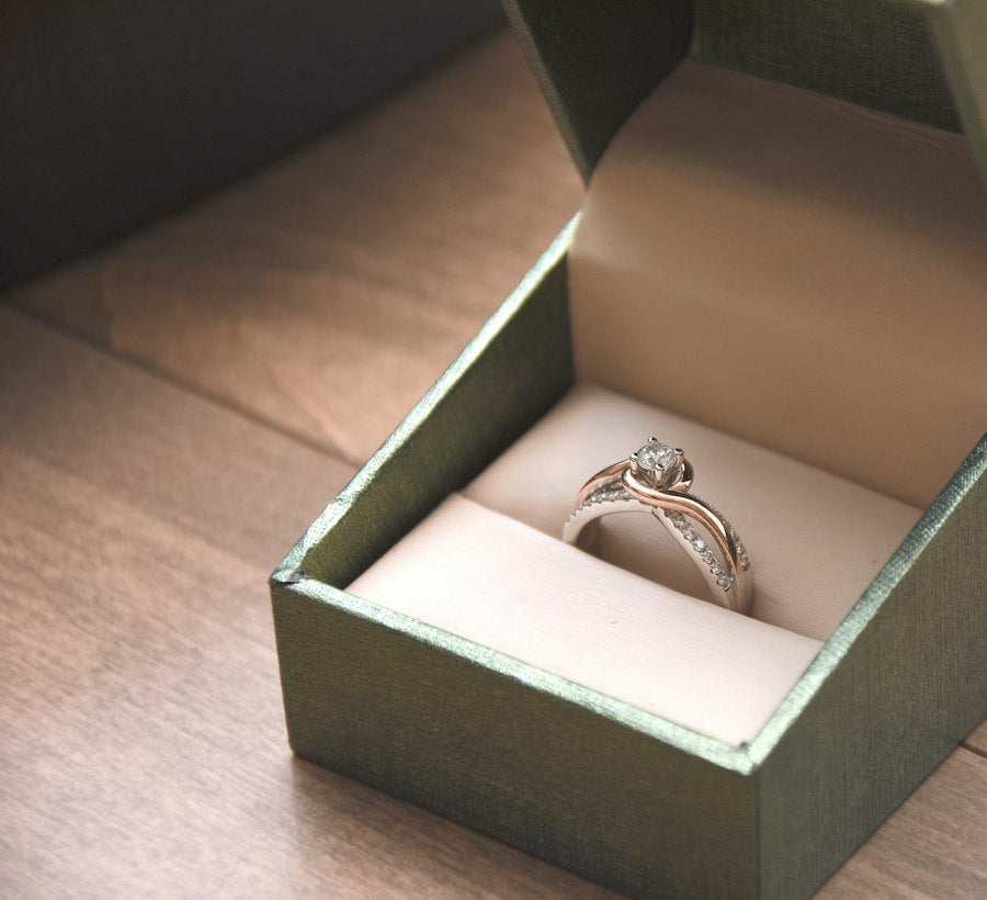 A solitaire ring in an open presentation box